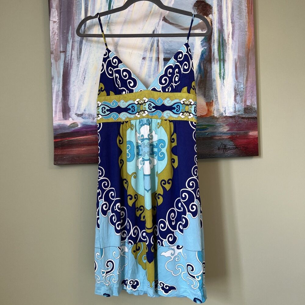 Trina Turk Los Angeles Sz 8 Sleeveless V Neck 100% Silk Blue Dress EXCELLENT